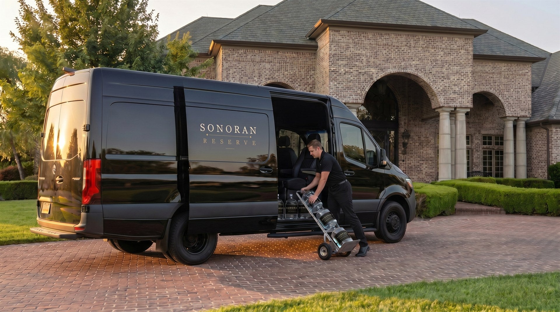 A Sonoran Reserve black Sprinter delivery van with its side door open, a driver in black loading glass 3-gallon jugs onto a hand truck, in front of a luxury brick home at golden hour.