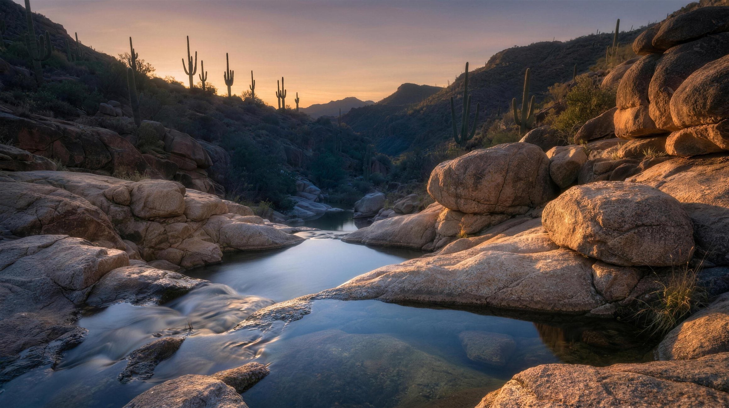 A clear desert spring at dawn, pooling over granite boulders in the mountains above Cave Creek, Arizona.